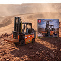Reobrix 22002 site forklift building set — built model with its box in a quarry scene