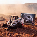 Reobrix 22004A RC compact track loader building set — built model with its box in a quarry scene
