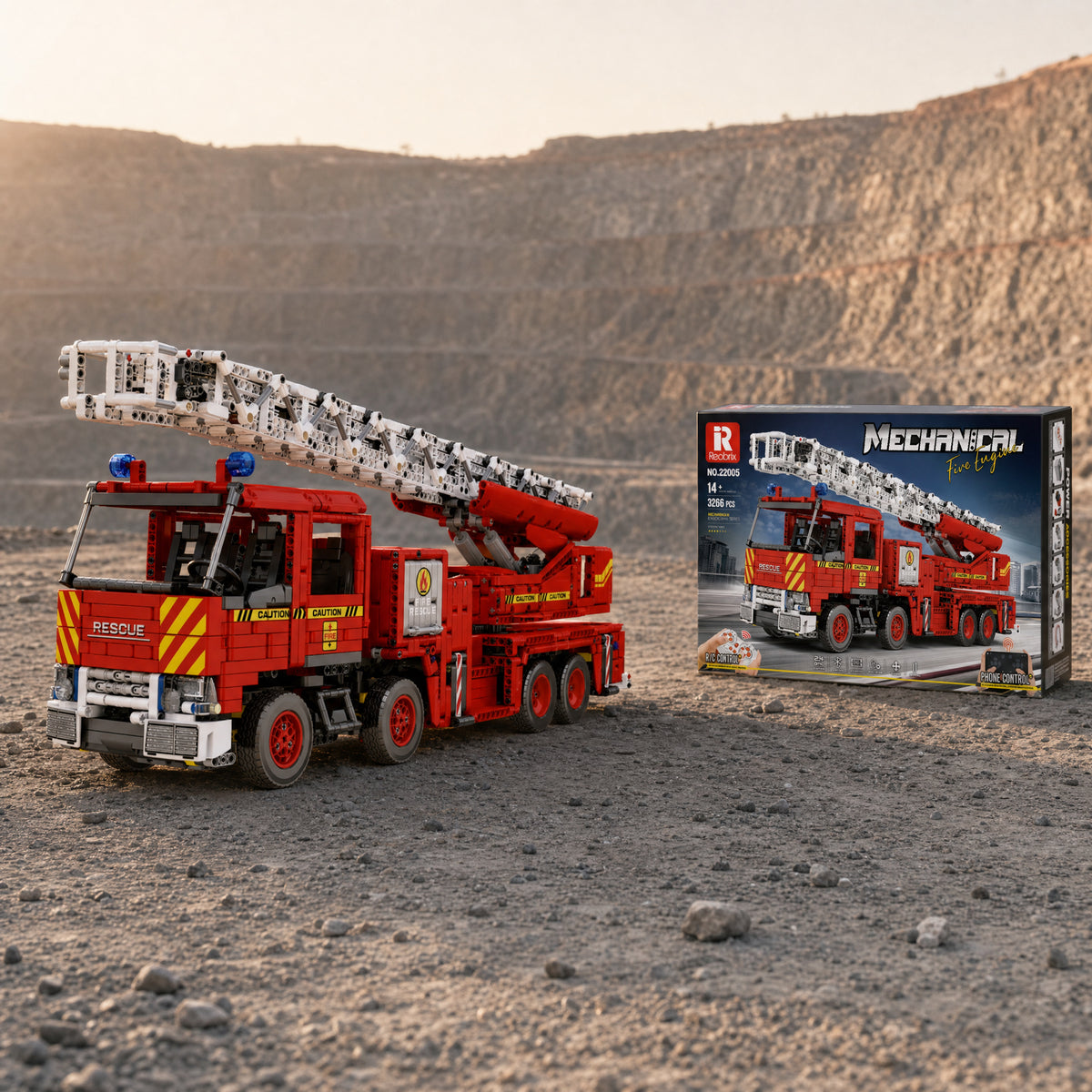 Reobrix 22005 RC fire ladder truck building set — built model with its box in a quarry scene