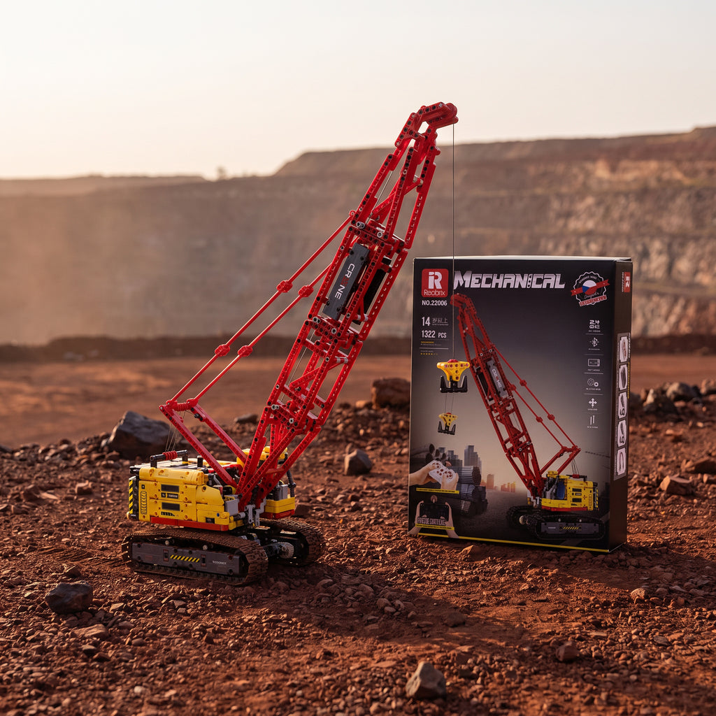 Reobrix 22006 crawler crane building set — built model with its box in a quarry scene