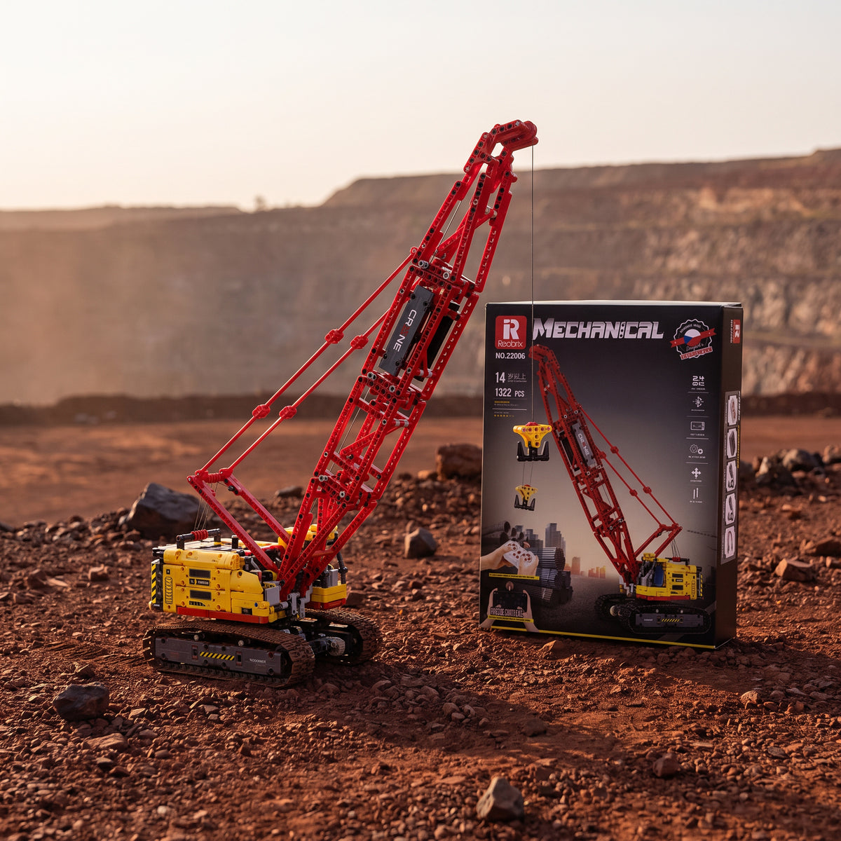 Reobrix 22006 crawler crane building set — built model with its box in a quarry scene