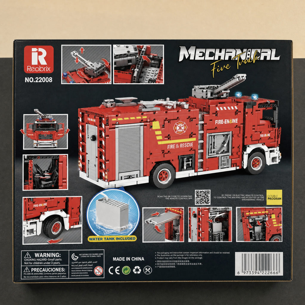 Reobrix 22008A remote controlled fire engine with water cannon building set — back of the box