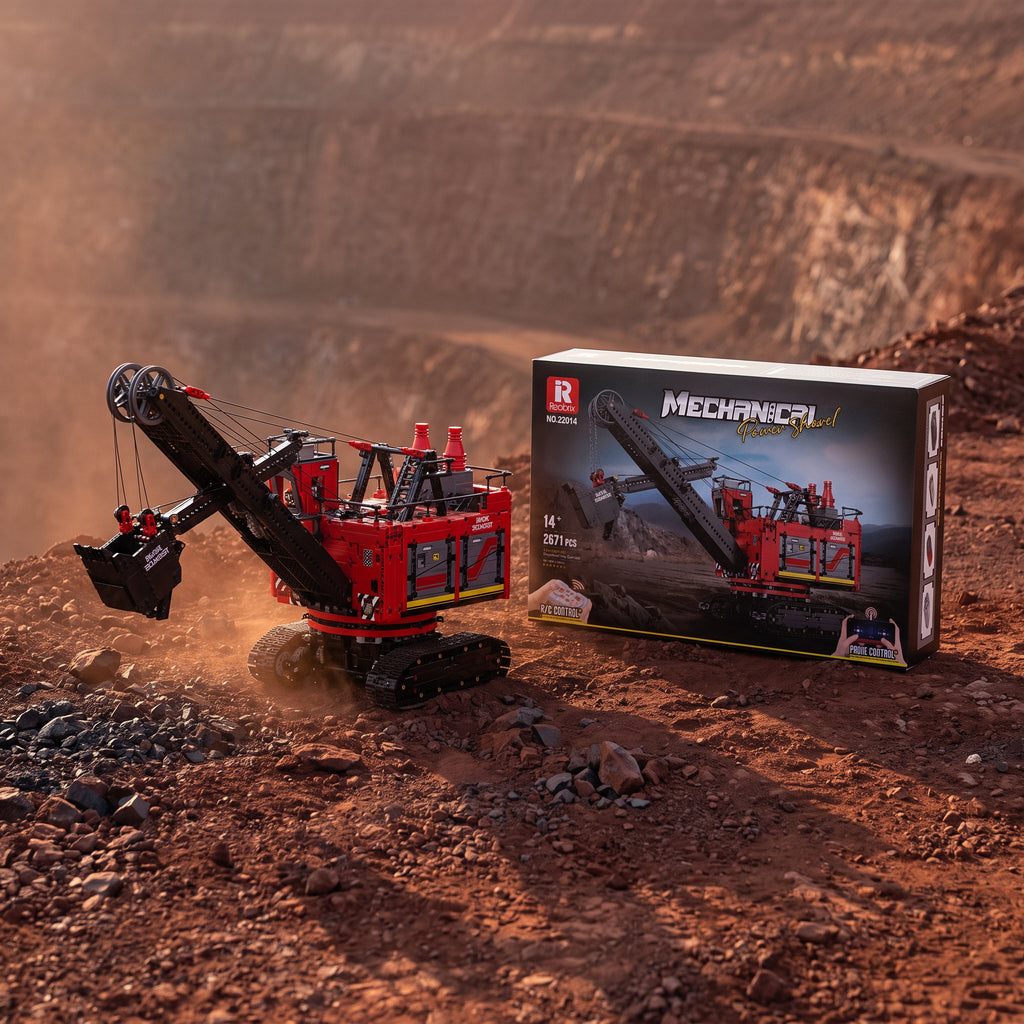 Reobrix 22014 RC electric mining shovel building set — built model with its box in a quarry scene