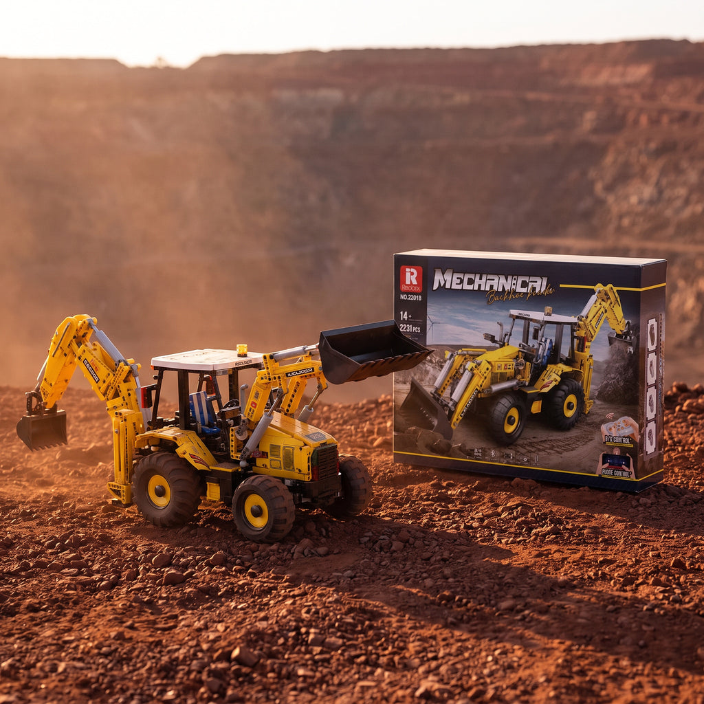 Reobrix 22018A RC 6-function backhoe loader building set — built model with its box in a quarry scene
