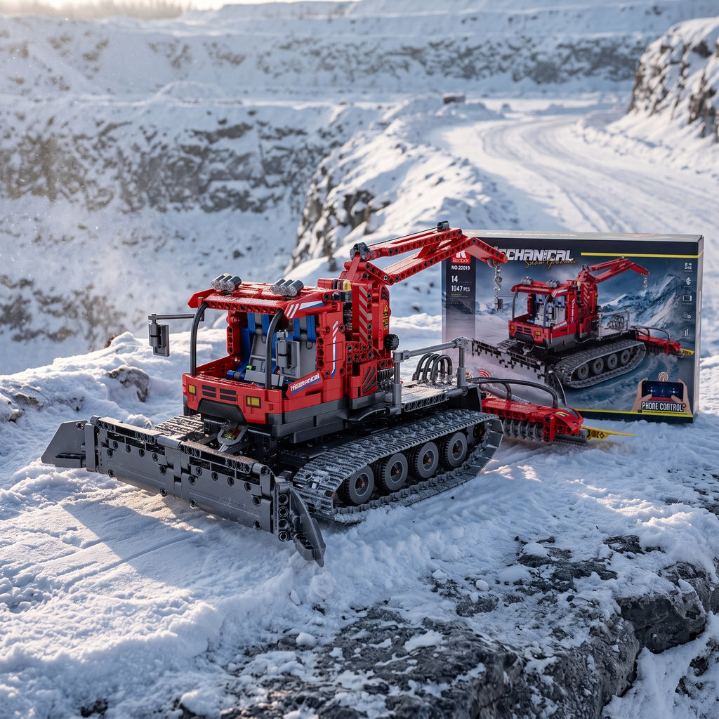 Reobrix 22019 snow groomer building set — built model with its box on a snowy slope