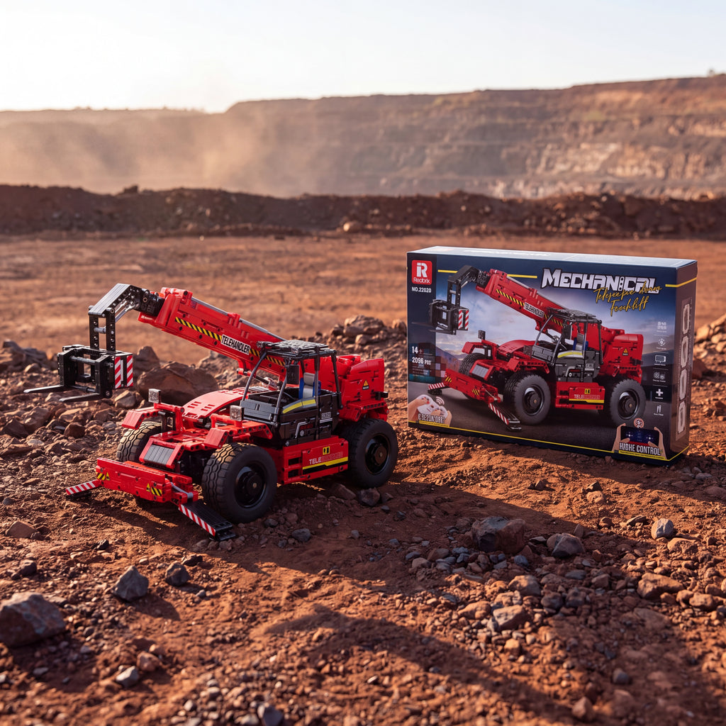 Reobrix 22020 telehandler building set — built model with its box in a quarry scene