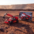 Reobrix 22020 telehandler building set — built model with its box in a quarry scene