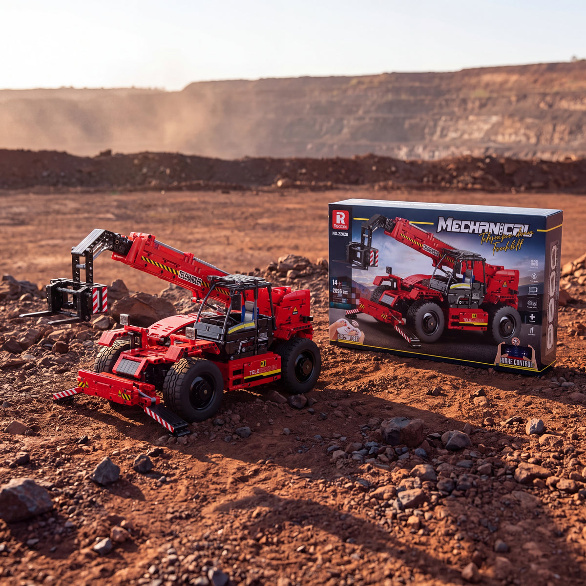 Reobrix 22020 telehandler building set — built model with its box in a quarry scene