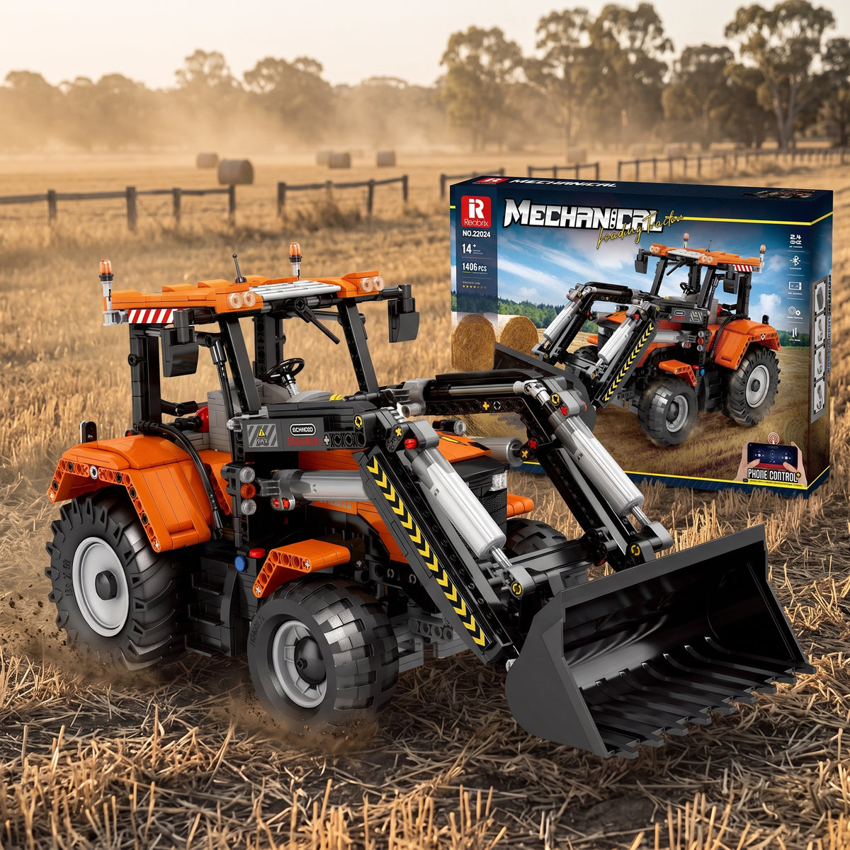 Reobrix 22024 loader tractor building set — built model with its box in a farm paddock
