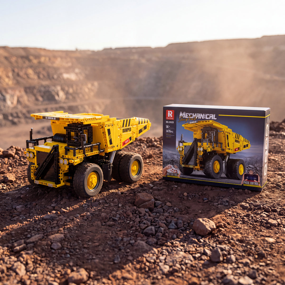 Reobrix 22025 RC mining dump truck building set — built model with its box in a quarry scene