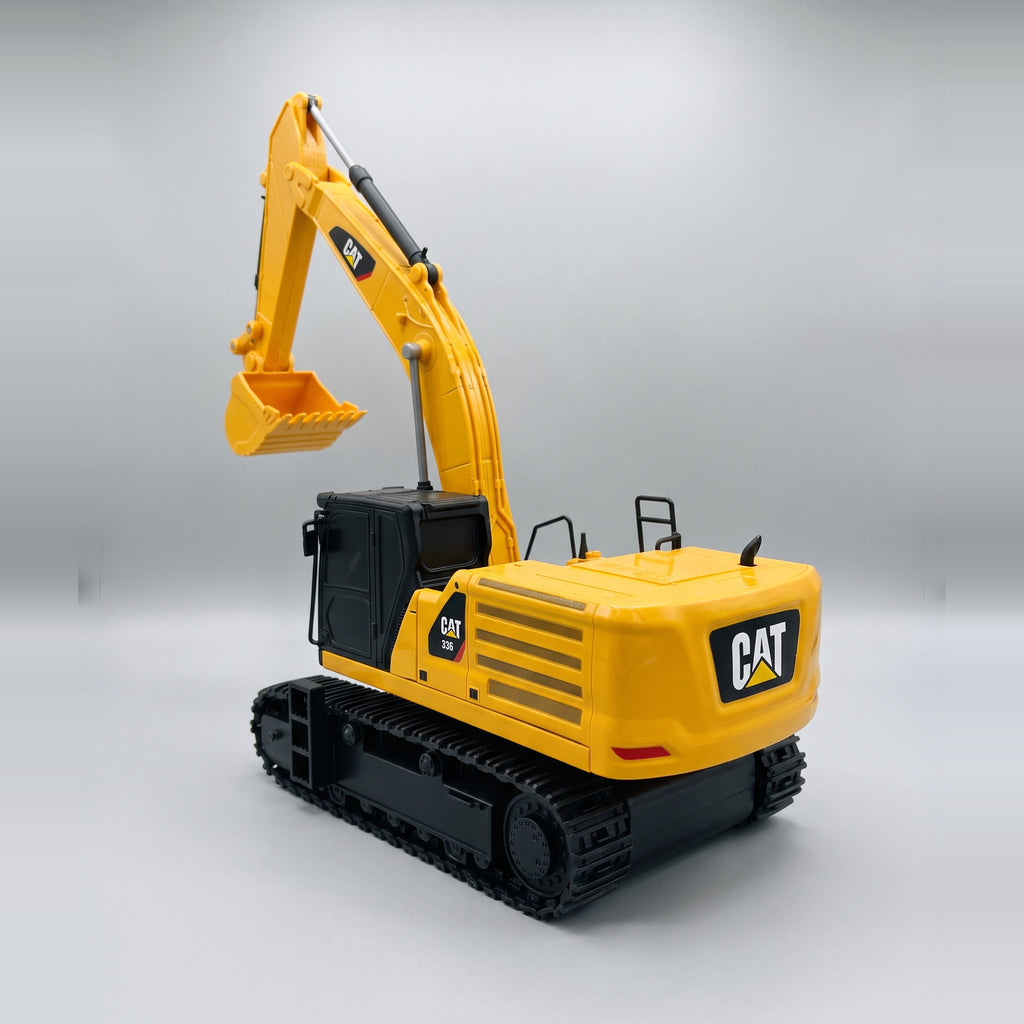 CAT 336 excavator 1:35 RC — front three-quarter view, boom raised