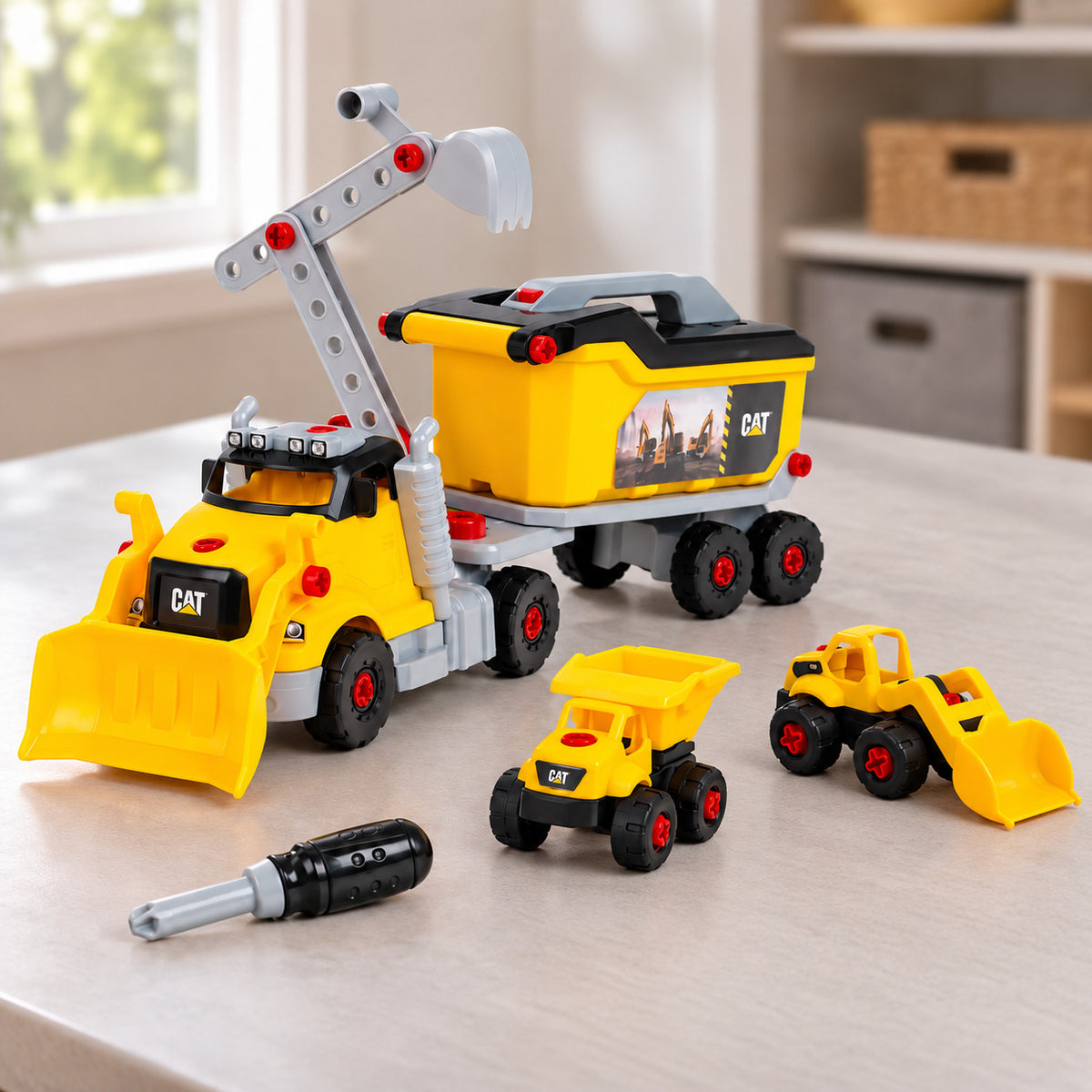 Theo Klein Cat® Screw Truck 4-in-1 set with screwdriver, digger attachment, small dump truck and wheel loader