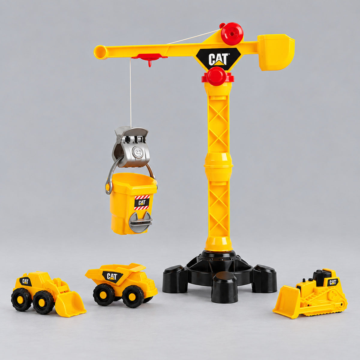 Theo Klein Cat® Big Crane with grapple and silo, plus a wheel loader, dump truck and dozer