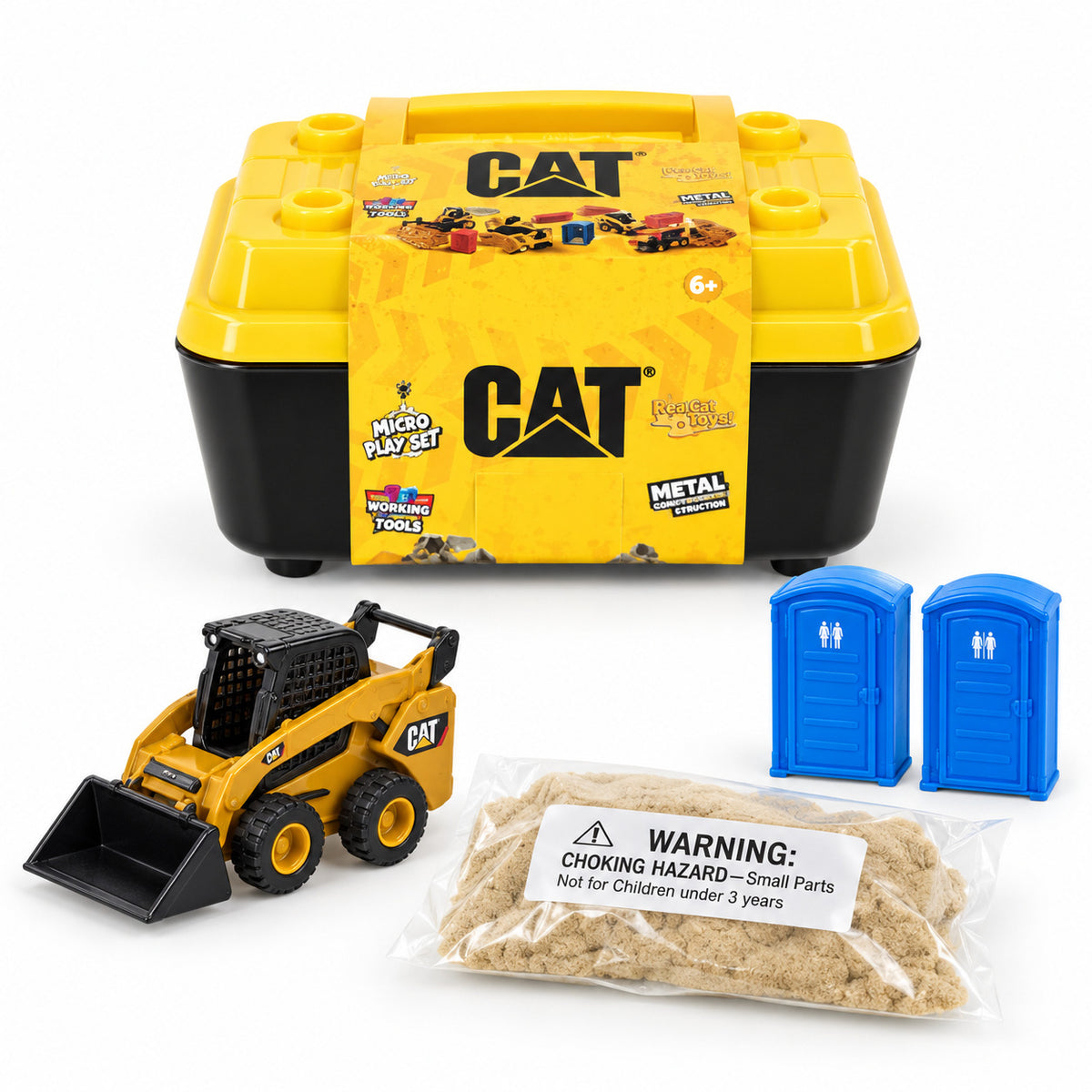 Cat® Micro Play Set with the 272C Skid Steer Loader: Cat® tool box, die-cast skid steer, play sand and accessories
