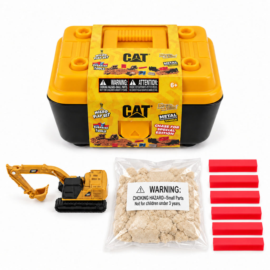 Cat® Micro Play Set with the 315D L Excavator: Cat® tool box, die-cast excavator, play sand and red barriers