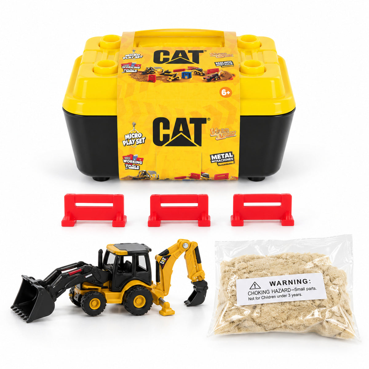 Cat® Micro Play Set with the 420E Backhoe Loader: Cat® tool box, die-cast backhoe, play sand and barriers
