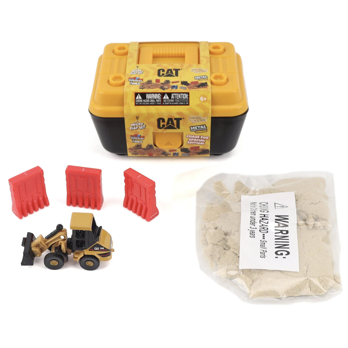 Cat® Micro Play Set with the 906 Wheel Loader: Cat® tool box, die-cast loader, play sand and red barriers