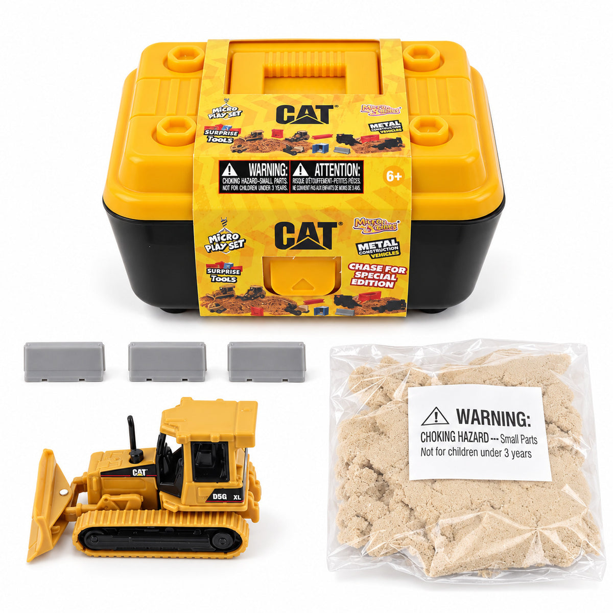 Cat® Micro Play Set with the D5G XL Track-Type Tractor: Cat® tool box, die-cast dozer, play sand and grey barriers