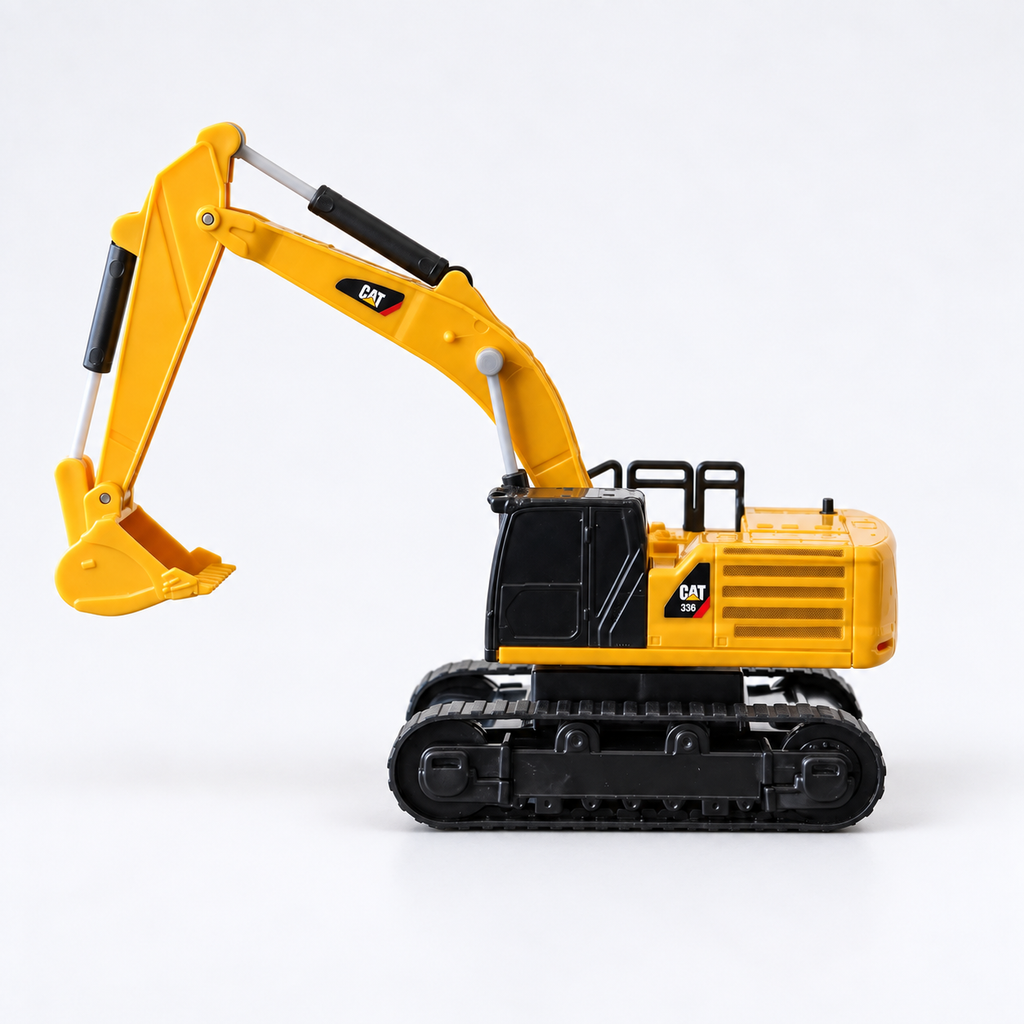 Mini CAT 336 excavator 1:64 RC — machine with remote controller, front three-quarter view