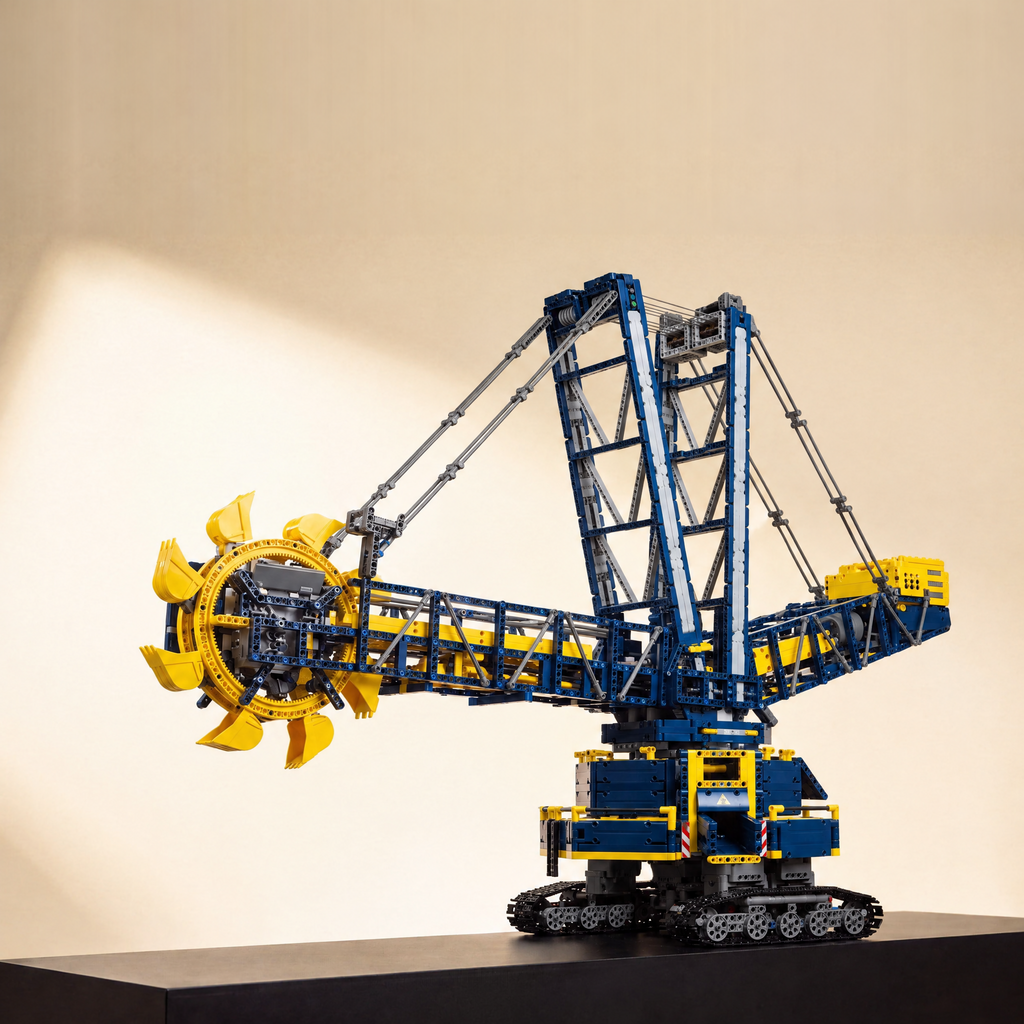 Mould King 17006 RC bucket wheel excavator building set — built model on display base, side view