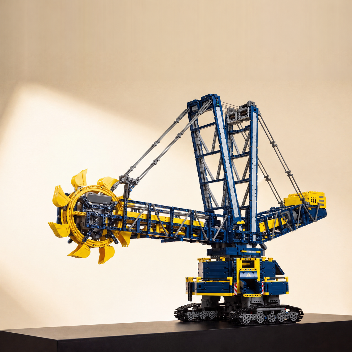 Mould King 17006 RC bucket wheel excavator building set — built model on display base, side view