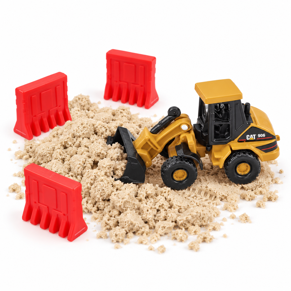 Cat® Micro Play Set — 906 Wheel Loader scooping the play sand with red barriers