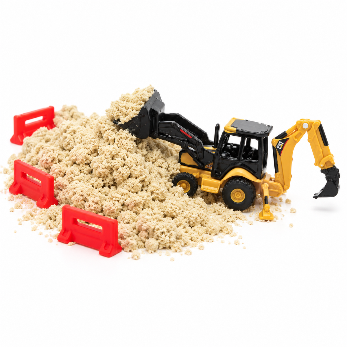 Cat® Micro Play Set — 420E Backhoe Loader digging in the play sand with red barriers