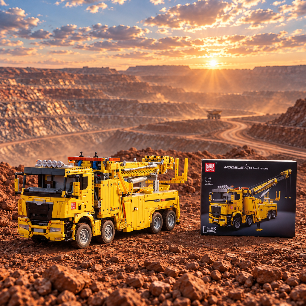 Mould King 17028 RC road rescue rotator truck building set — built model with its box in a quarry scene