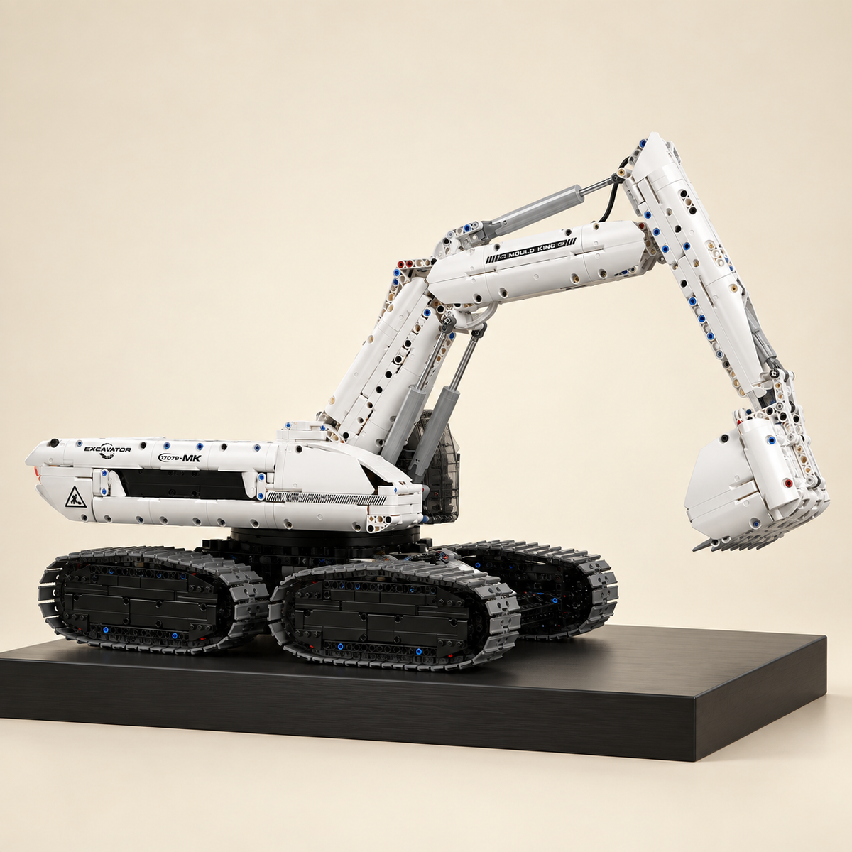 Mould King 17079 sci-fi tracked excavator building set — built model on display base, three-quarter view