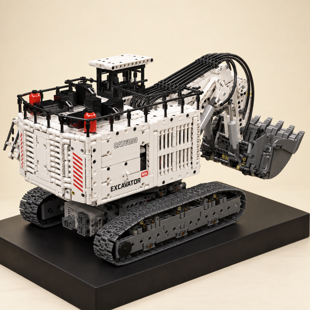 Mould King 17067 RC mining shovel excavator building set — built model on display base, side view