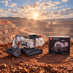 Mould King 17067 RC mining shovel excavator building set — built model with its box in a quarry scene