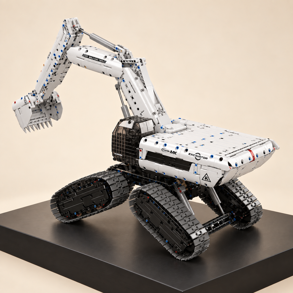 Mould King 17079 sci-fi tracked excavator building set — built model on display base, side view