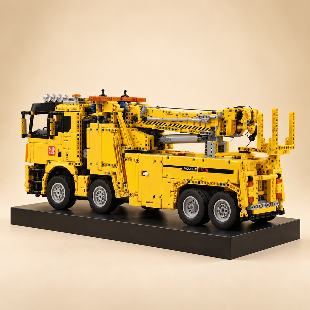 Mould King 17028 RC road rescue rotator truck building set — built model on display base, rear three-quarter view