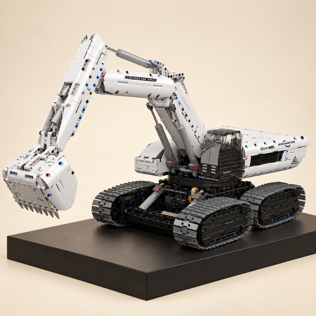 Mould King 17079 sci-fi tracked excavator building set — built model on display base, front three-quarter view