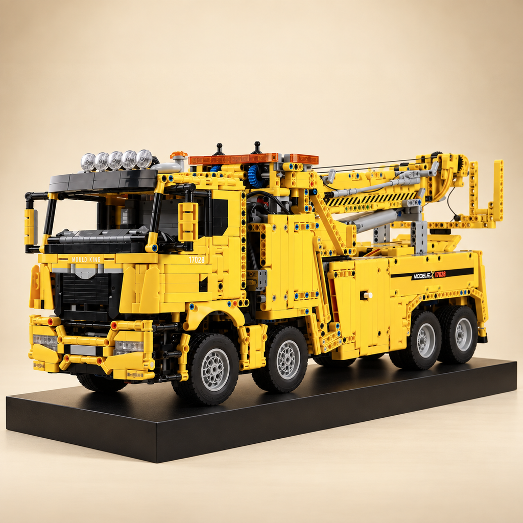 Mould King 17028 RC road rescue rotator truck building set — built model on display base, front three-quarter view