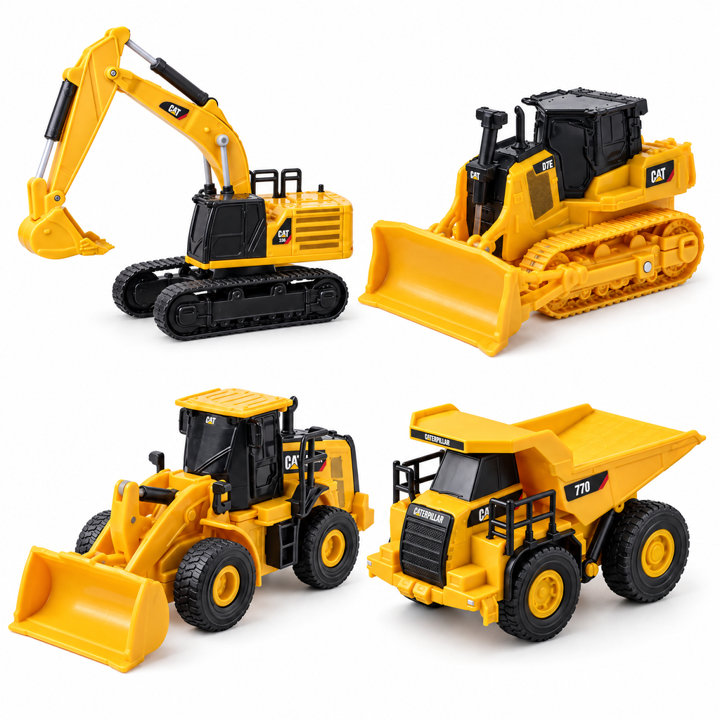 Mini CAT RC fleet 1:64 — four machines together: 336 excavator, D7E track-type tractor, 950M wheel loader and 770 mining truck