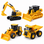 Mini CAT RC fleet 1:64 — four machines together: 336 excavator, D7E track-type tractor, 950M wheel loader and 770 mining truck