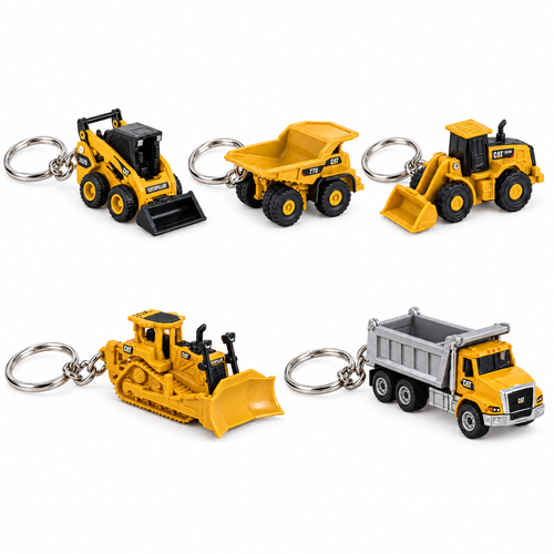 CAT machine keyring set of 5 — skid steer loader, mining truck, wheel loader, track-type tractor and dump truck