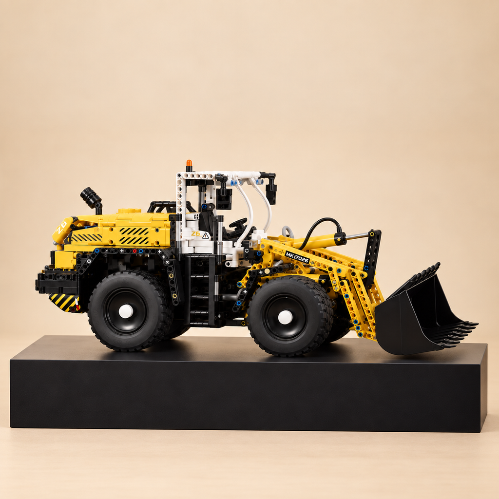 Mould King 17026 RC pneumatic wheel loader building set — built model on display base, side view