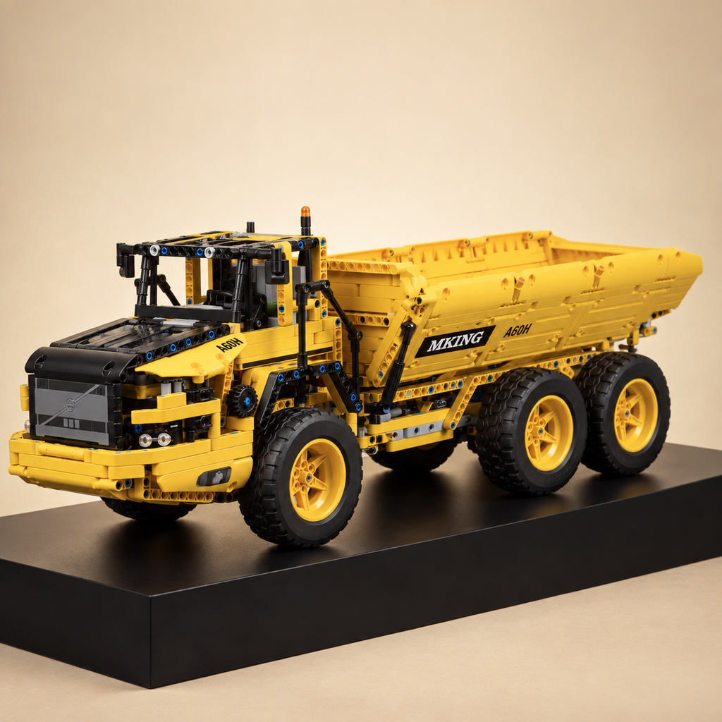 Mould King 17010S RC dump truck building set — built model on display base, front three-quarter view