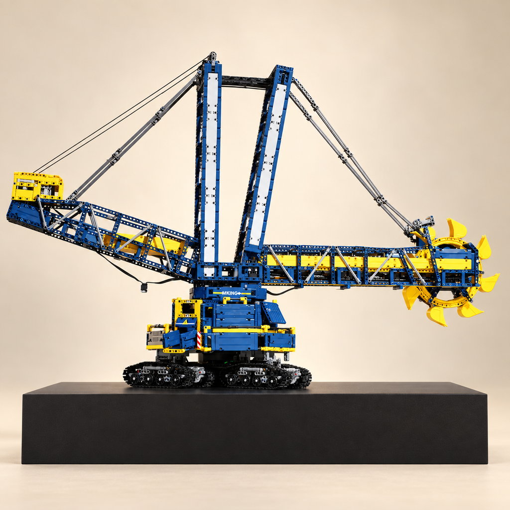 Mould King 17006 RC bucket wheel excavator building set — built model on display base, rear three-quarter view