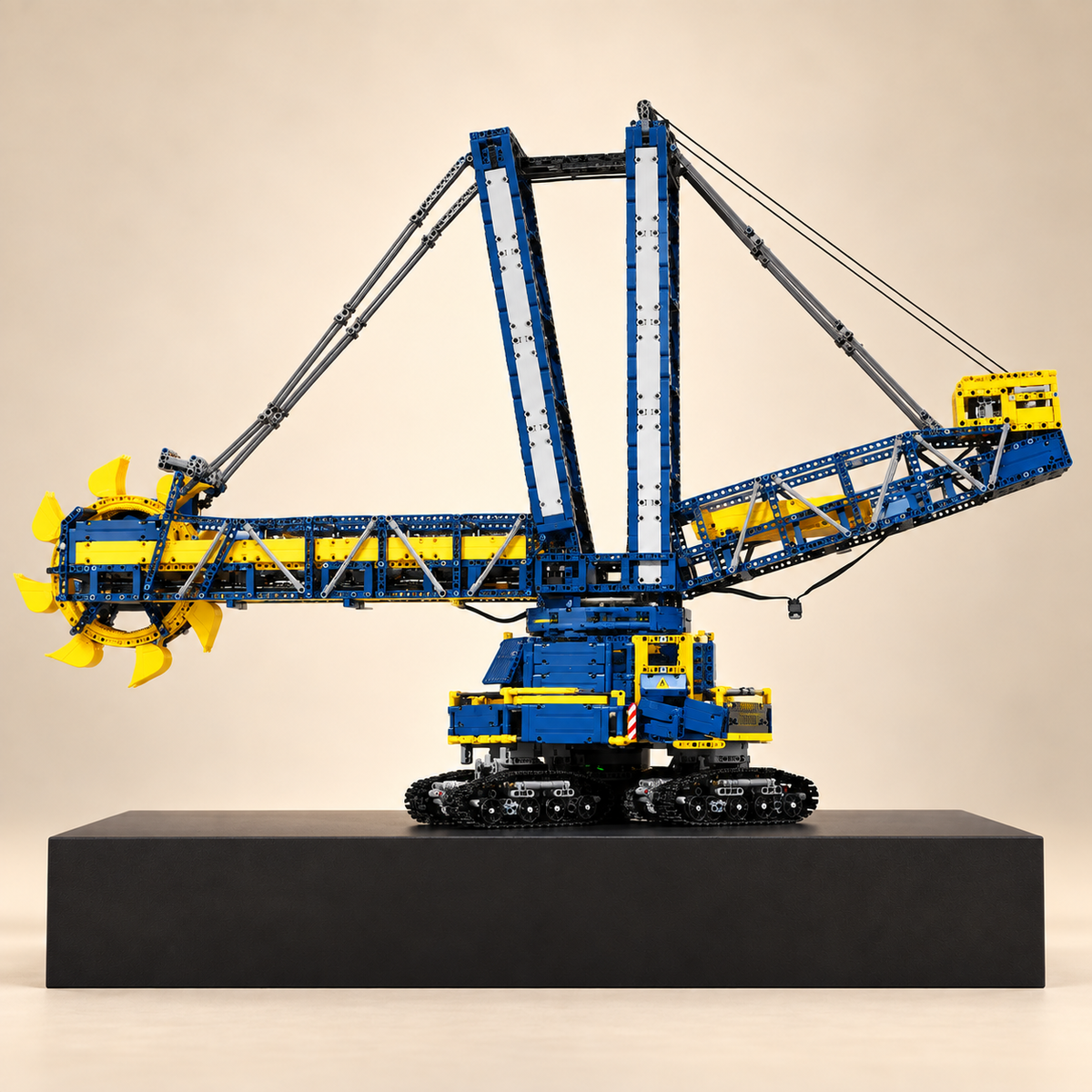 Mould King 17006 RC bucket wheel excavator building set — built model on display base, front three-quarter view