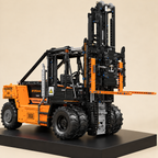 Mould King 17044 RC heavy-duty forklift building set, orange — built model on display base, three-quarter view