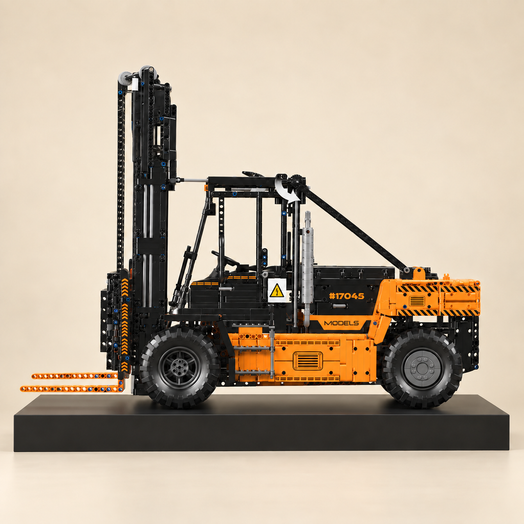 Mould King 17044 RC heavy-duty forklift building set, orange — built model on display base, side view