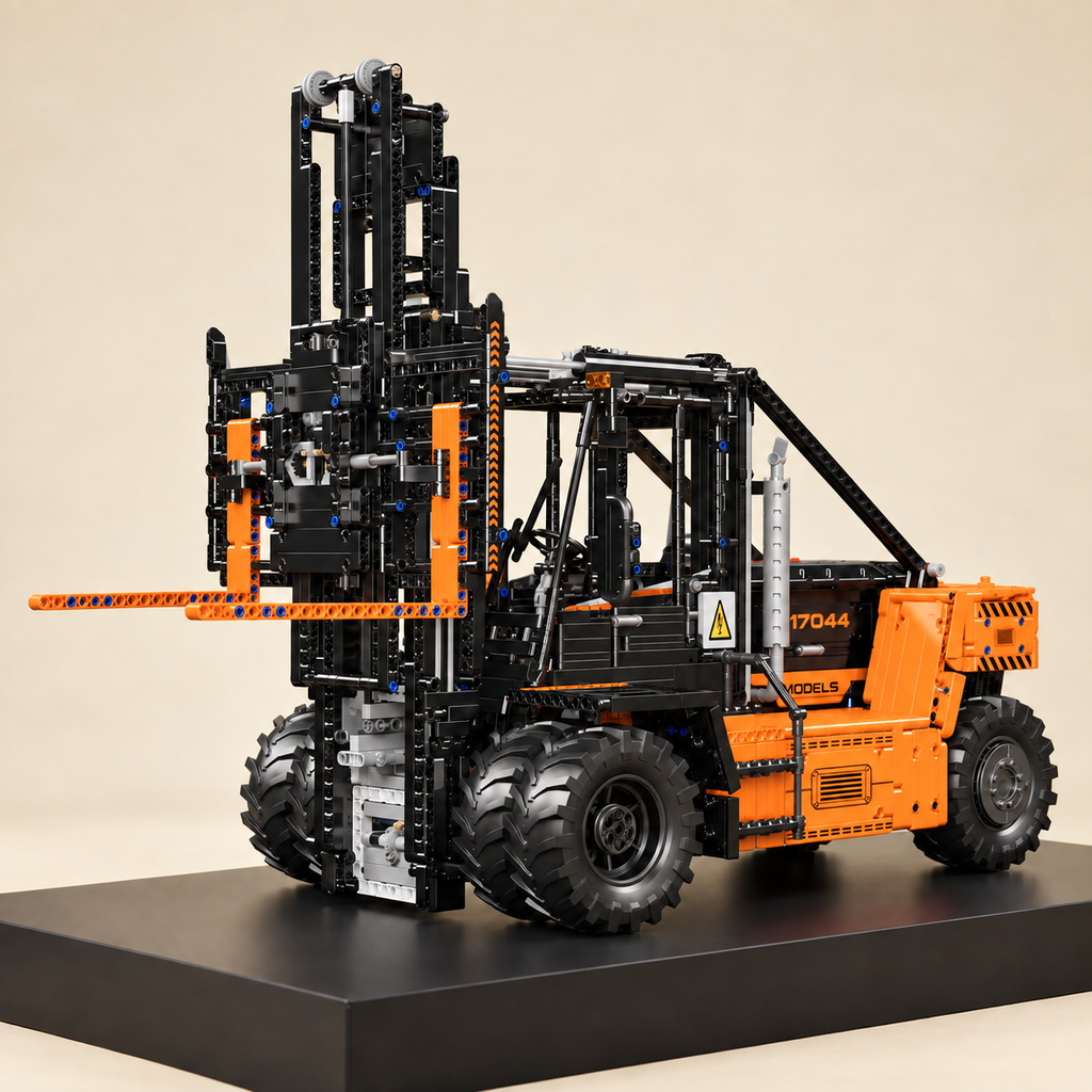 Mould King 17044 RC heavy-duty forklift building set, orange — built model on display base, front three-quarter view