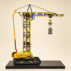 Mould King 17059 crawler tower crane building set — built model on display base, side view
