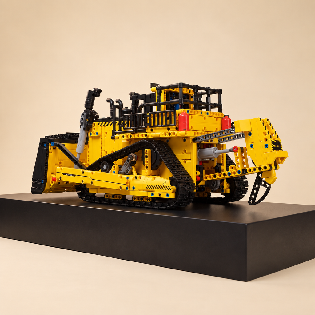 Mould King 15084 RC large track bulldozer building set — built model on display base, rear three-quarter view
