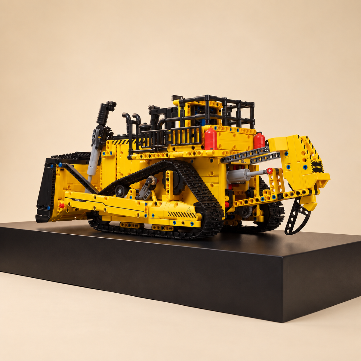 Mould King 15084 RC large track bulldozer building set — built model on display base, rear three-quarter view
