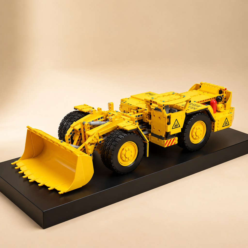 Mould King 17056 underground mine loader building set — built model on display base, front three-quarter view
