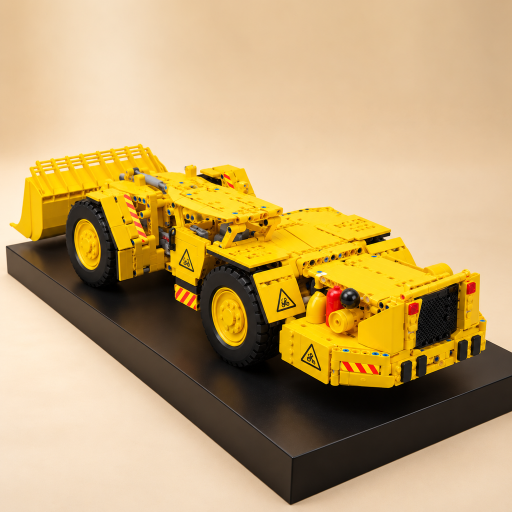 Mould King 17056 underground mine loader building set — built model on display base, side view
